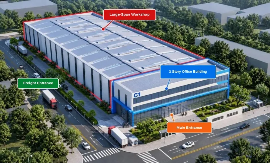 Industrijske zgrade u stilu lokomotive: da li kancelarija na 3 sprata treba da bude čelična ili betonska?